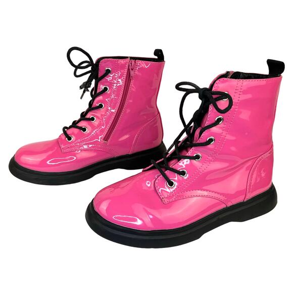 DV by Dolce Vita | Pink Patent Faux Leather Lace Up Combat Ankle Boots | Kid's 5 - Picture 1 of 9